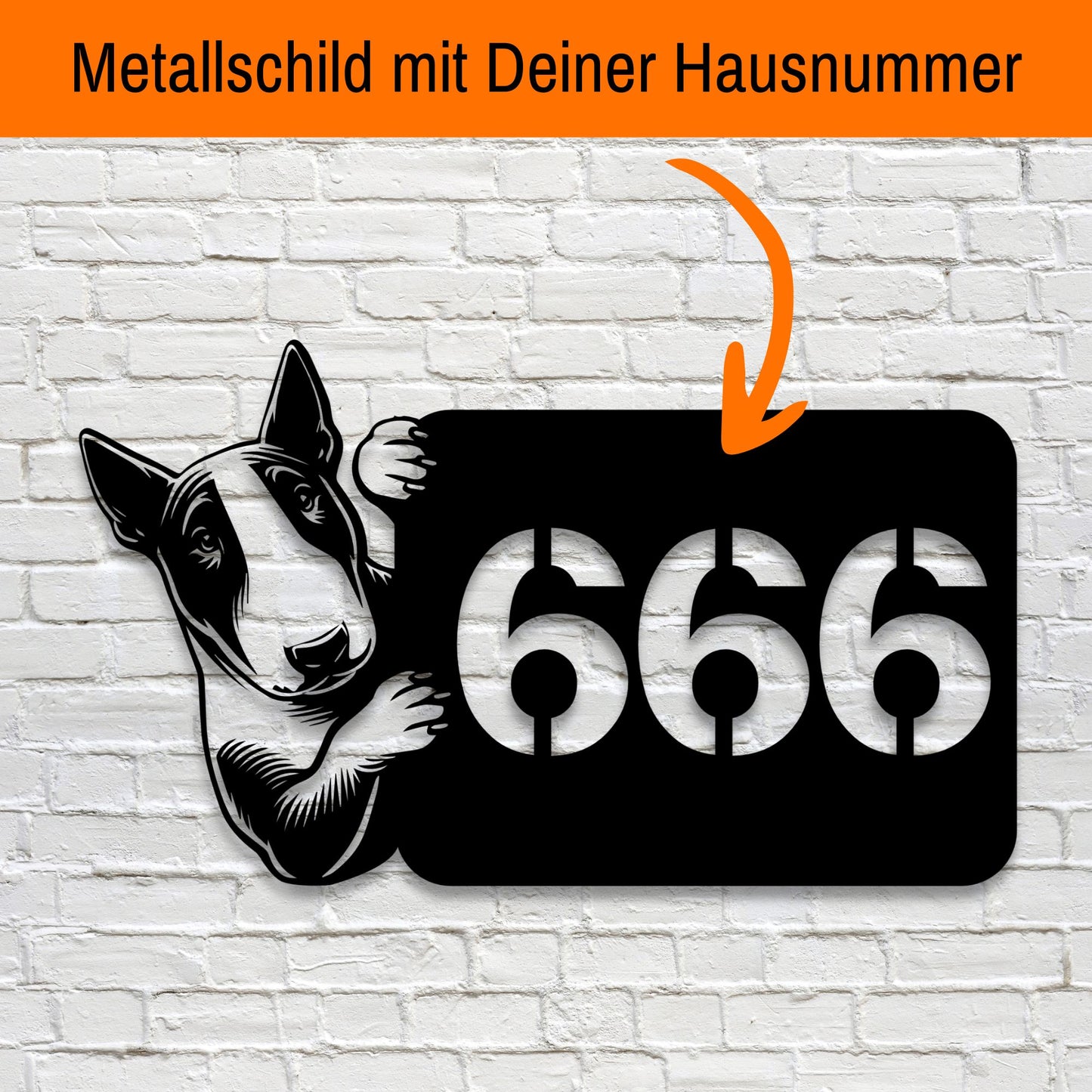 Bullterrier Metallschild als Hausnummer