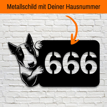 Bullterrier Metallschild als Hausnummer