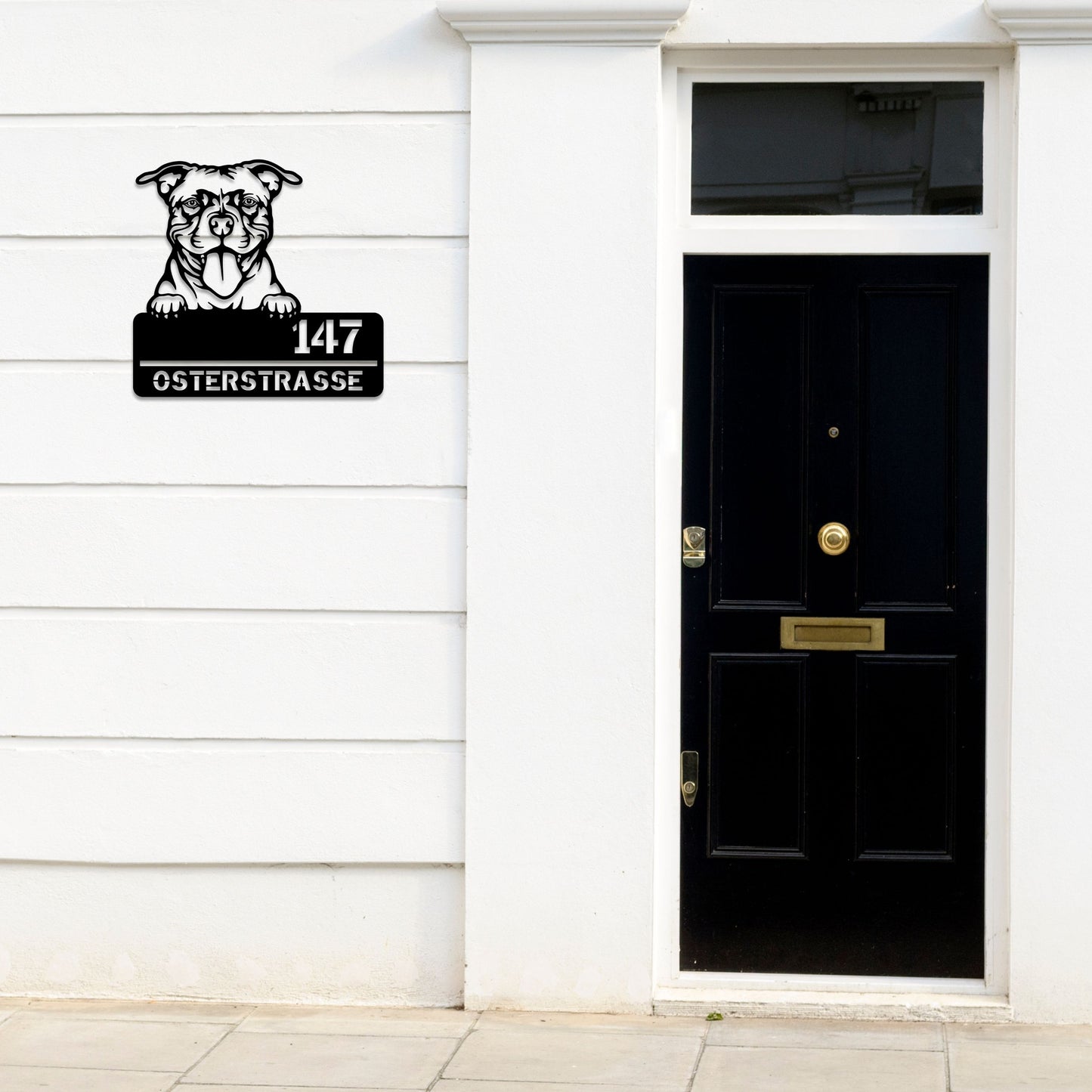 Staffordshire Terrier - Stahlschild mit Straße/Name und Hausnummer
