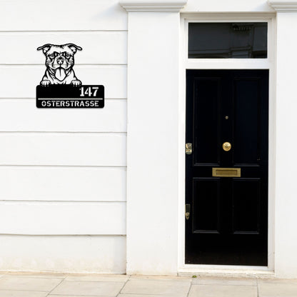 Staffordshire Terrier - Stahlschild mit Straße/Name und Hausnummer